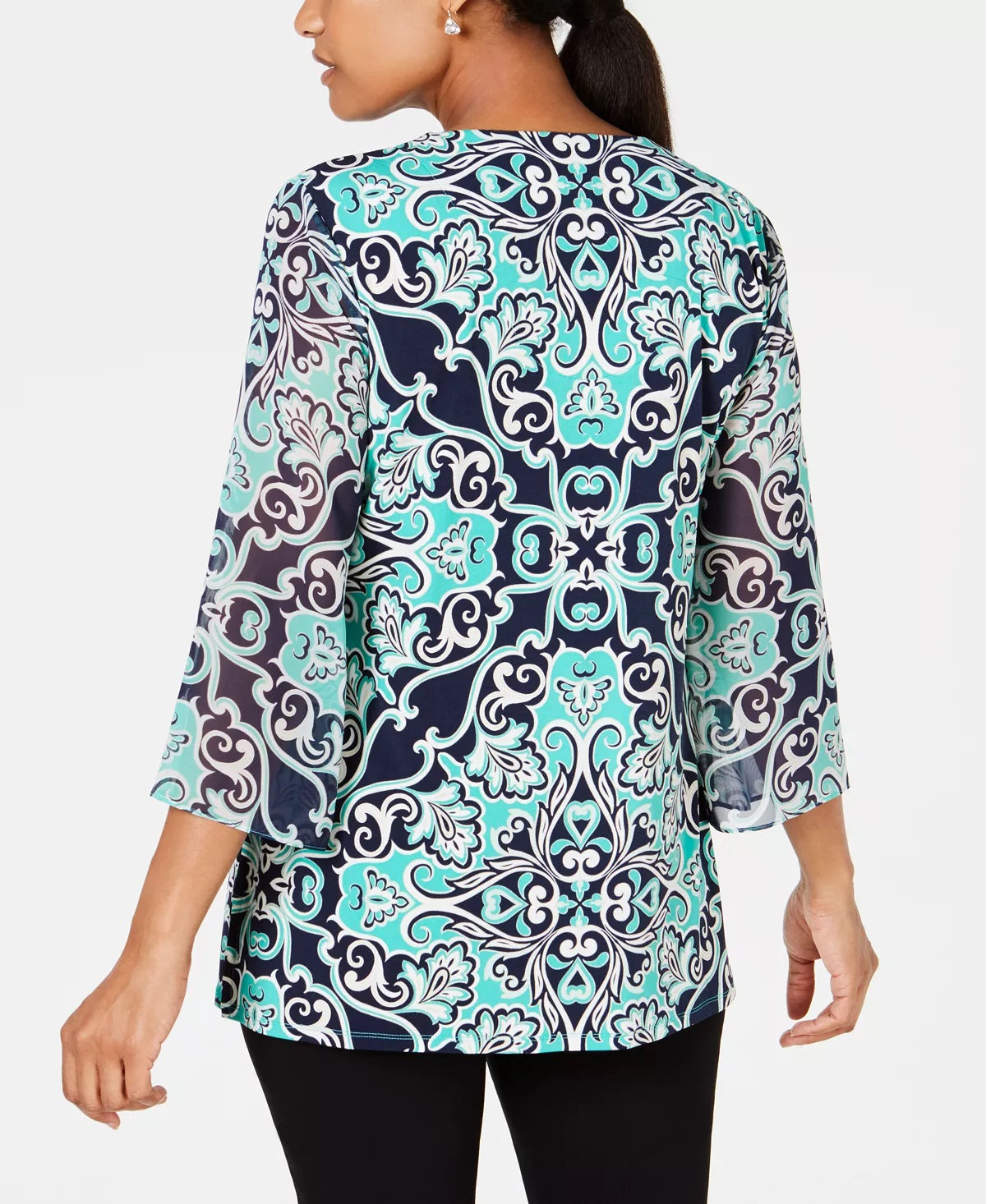 Túnica feminina com decote embelezado JM Collection, verde/azul, tamanho X-S