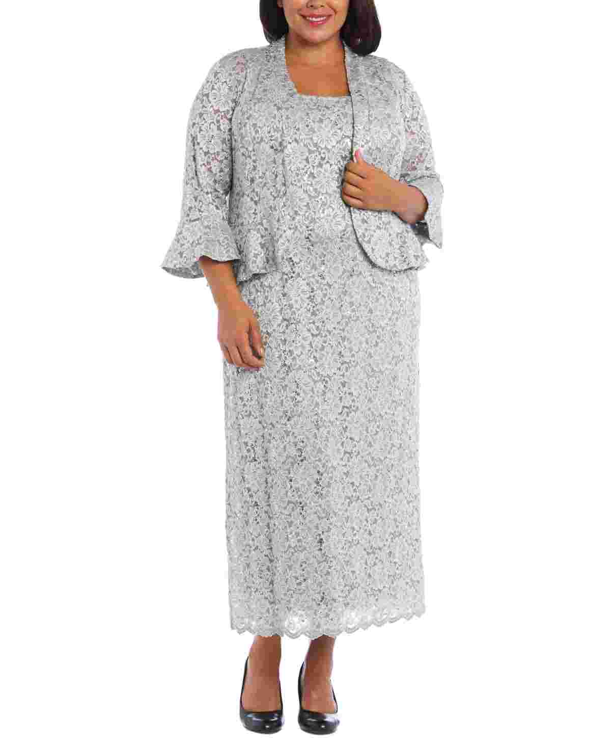 Vestido de renda plus size e jaqueta com babados R &amp; M Richards feminino, tamanho 18W, prata
