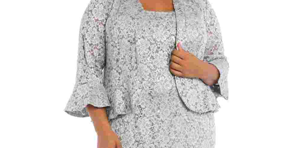 Vestido de renda plus size e jaqueta com babados R &amp; M Richards feminino, tamanho 18W, prata