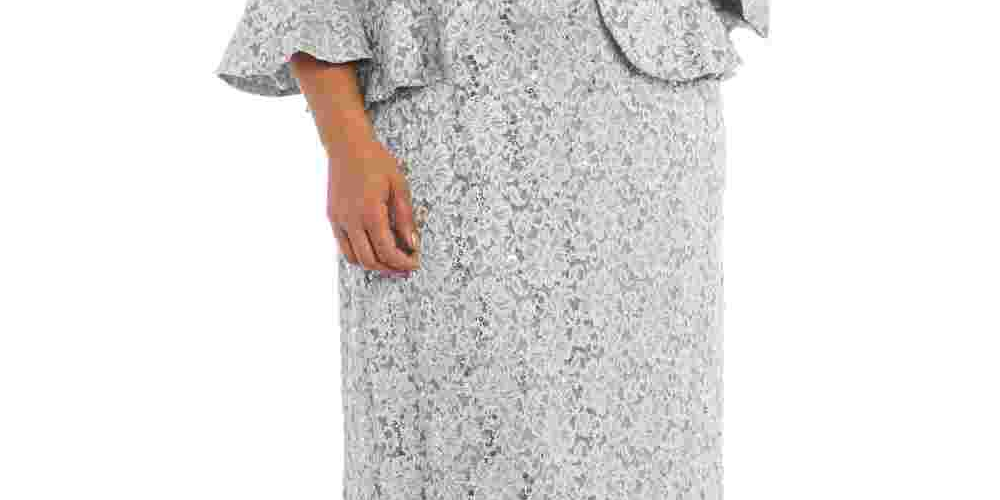 Vestido de renda plus size e jaqueta com babados R &amp; M Richards feminino, tamanho 18W, prata