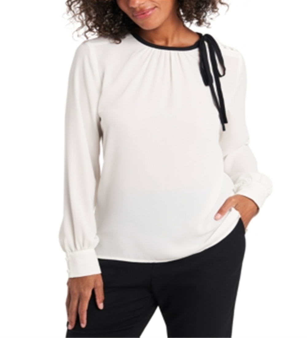 Blusa feminina Billie com gola amarrada, bege, tamanho GG, da Riley &amp; Rae