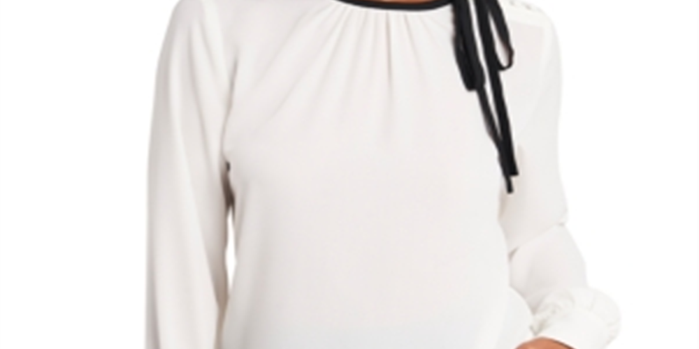 Blusa feminina Billie com gola amarrada, bege, tamanho GG, da Riley &amp; Rae