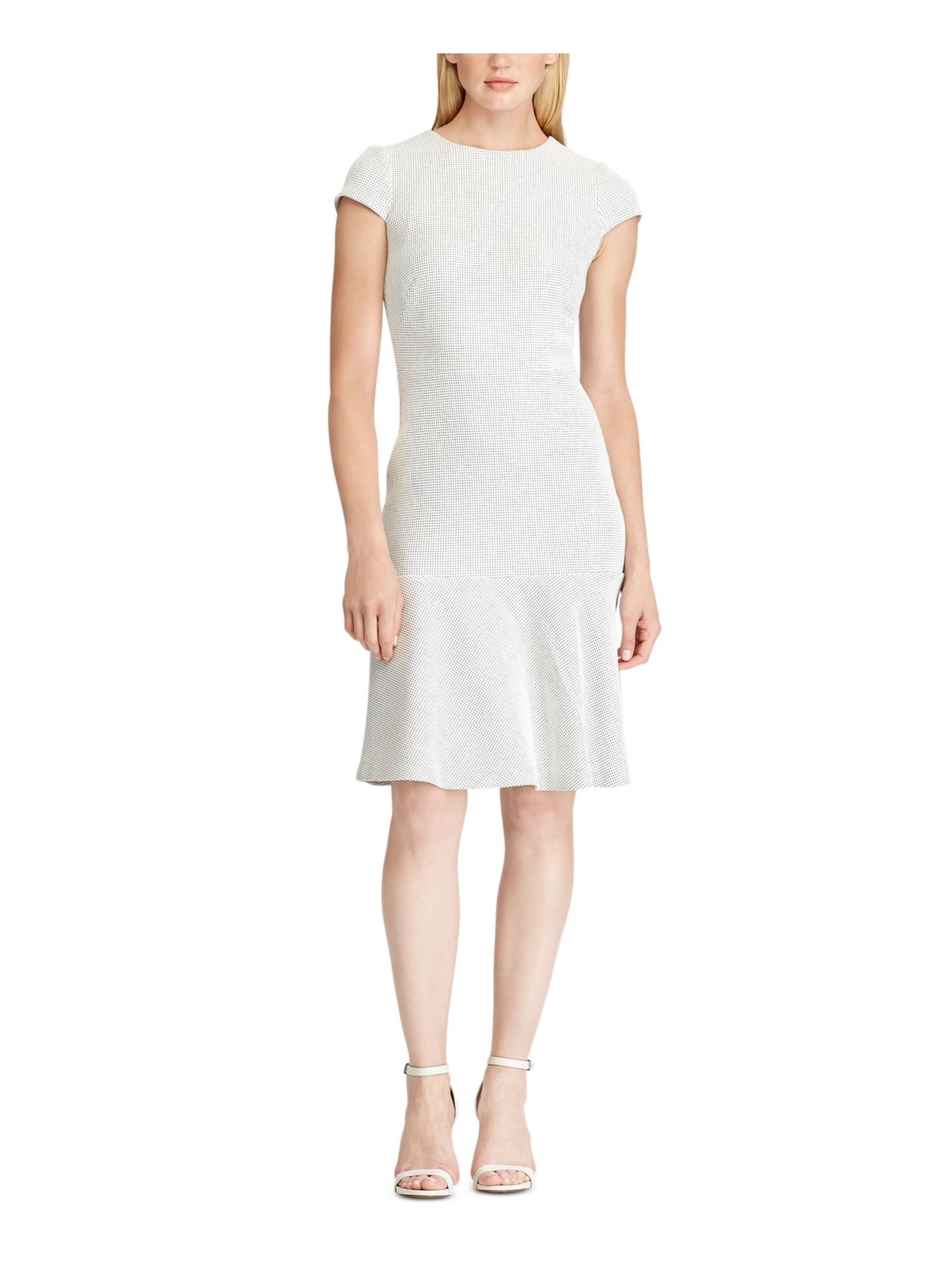 Vestido Ralph Lauren Feminino Marfim com Zíper e Bolinhas, Manga Curta, Gola Joia, Comprimento até o Joelho, Ajuste Flare, Branco, Tamanho 14