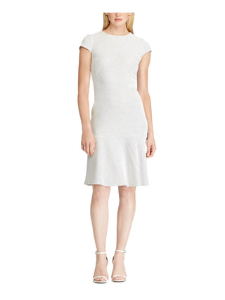 Vestido Ralph Lauren Feminino Marfim com Zíper e Bolinhas, Manga Curta, Gola Joia, Comprimento até o Joelho, Ajuste Flare, Branco, Tamanho 14