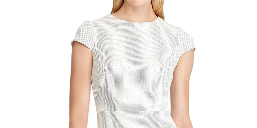 Vestido Ralph Lauren Feminino Marfim com Zíper e Bolinhas, Manga Curta, Gola Joia, Comprimento até o Joelho, Ajuste Flare, Branco, Tamanho 14