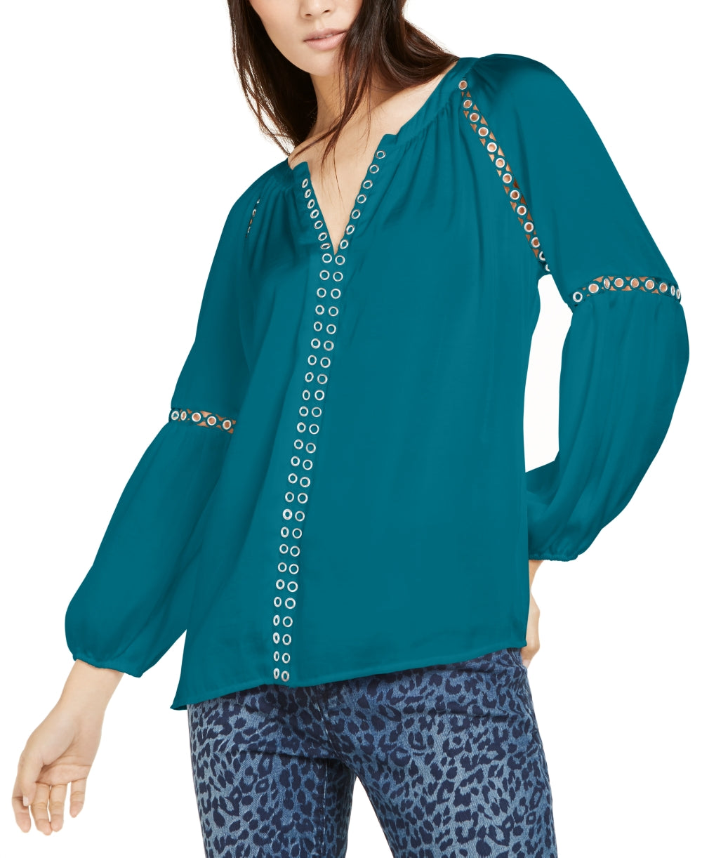 Blusa camponesa feminina com ilhós e acabamento em ilhós, verde, tamanho grande, da INC International Concepts