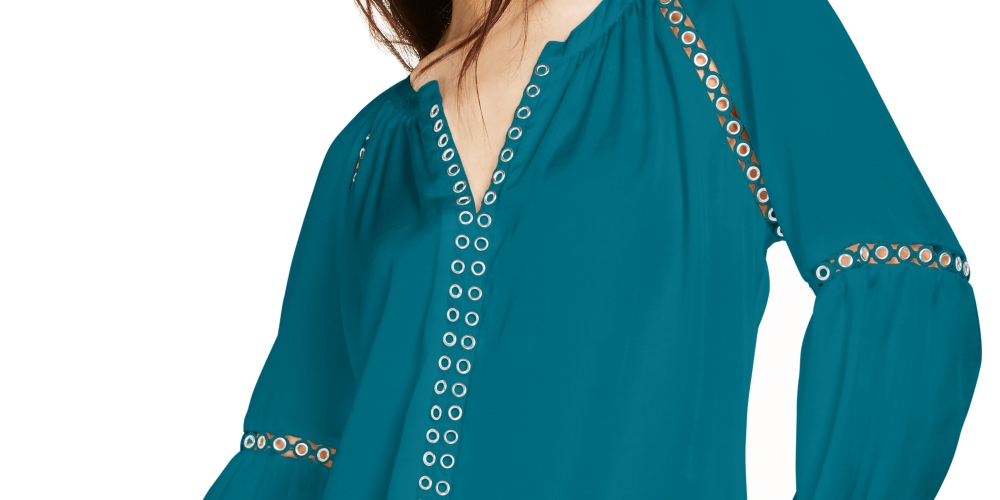 Blusa camponesa feminina com ilhós e acabamento em ilhós, verde, tamanho grande, da INC International Concepts