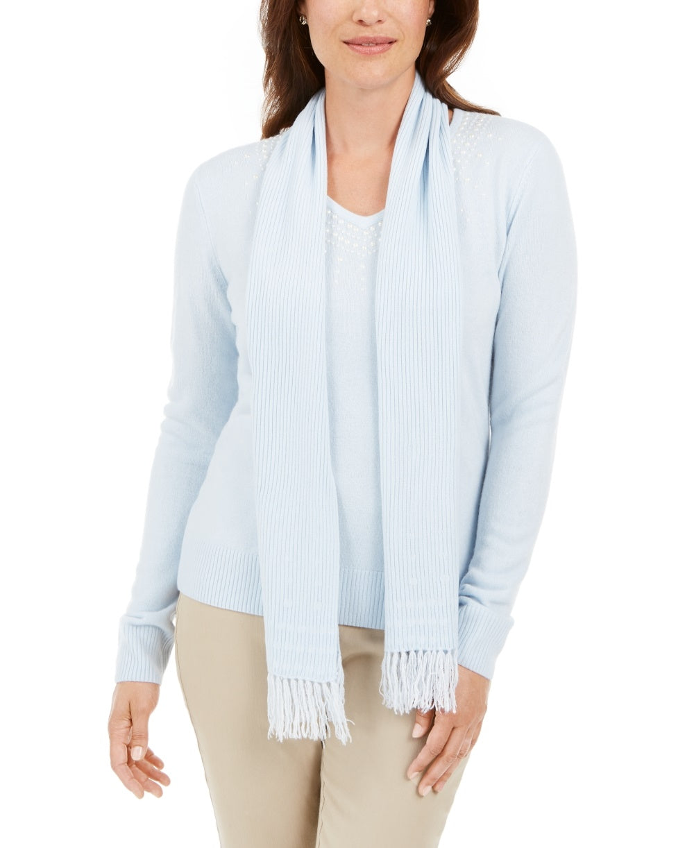 Karen Scott Suéter Feminino com Cachecol Enfeitado Azul Tamanho X-G