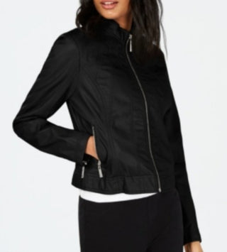 Casaco de couro vegano com zíper e bolsos feminino Jou Jou para motocicleta, tamanho extragrande, preto, tamanho extragrande