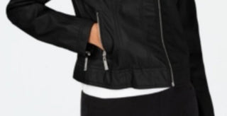 Casaco de couro vegano com zíper e bolsos feminino Jou Jou para motocicleta, tamanho extragrande, preto, tamanho extragrande