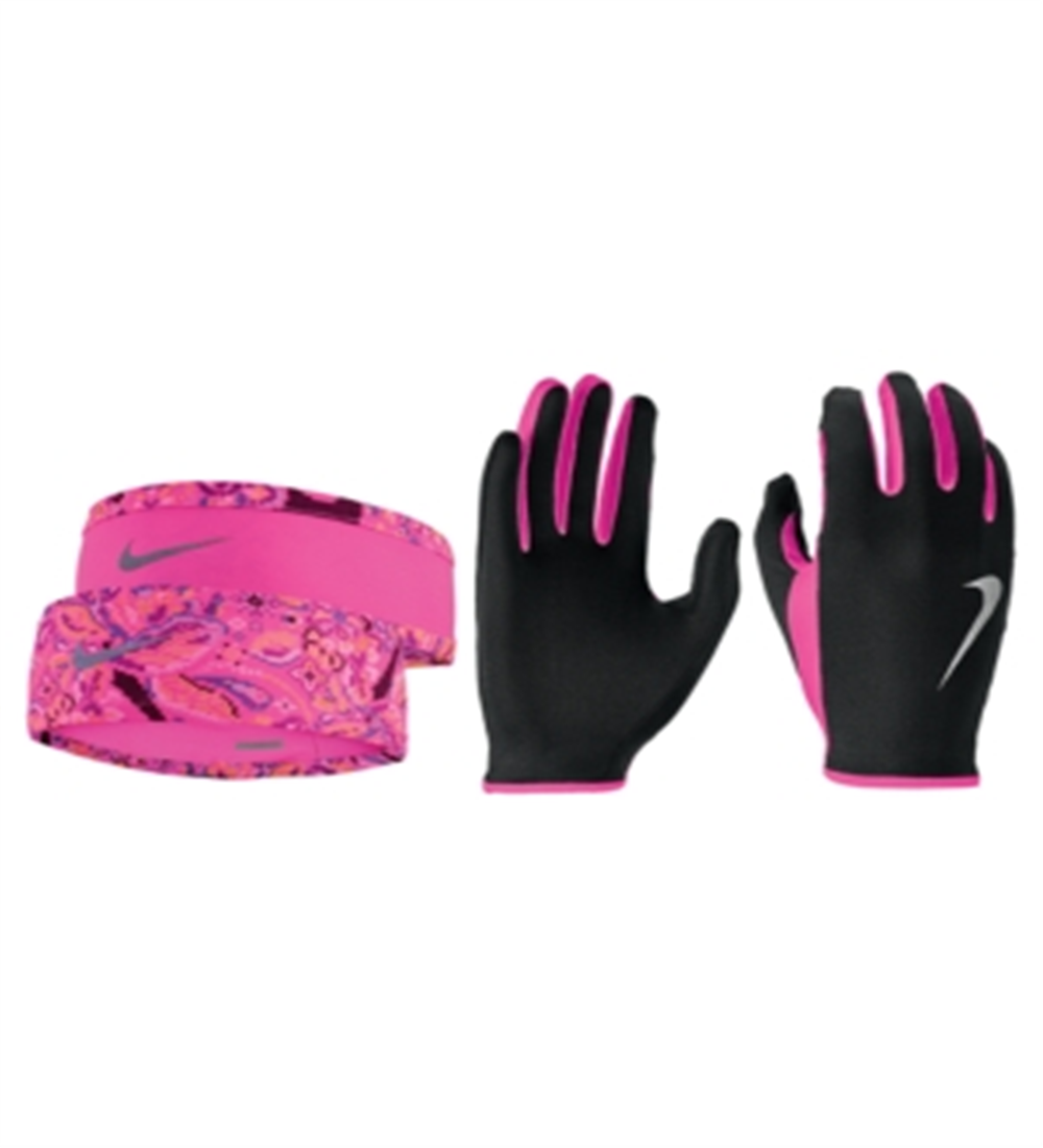 Conjunto de faixa de cabeça e luvas Nike Run Dry para mulheres, rosa, tamanho XS