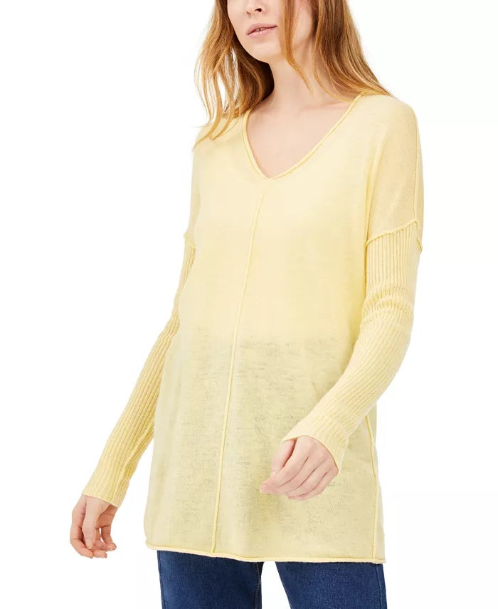 Suéter túnica feminino canelado de manga comprida, amarelo, tamanho pequeno, da INC International Concepts