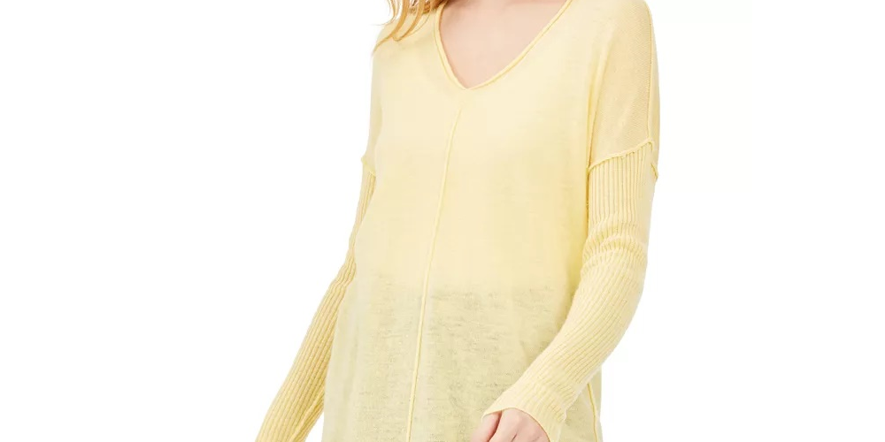Suéter túnica feminino canelado de manga comprida, amarelo, tamanho pequeno, da INC International Concepts