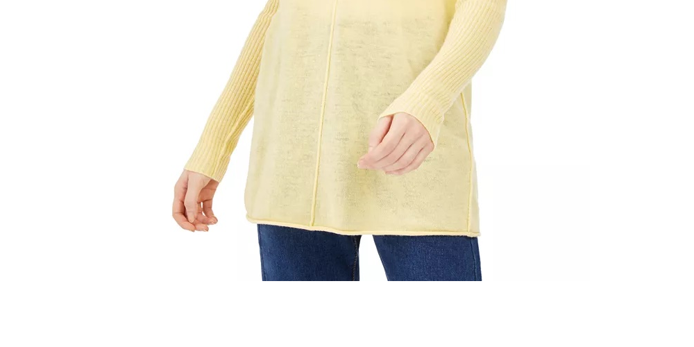 Suéter túnica feminino canelado de manga comprida, amarelo, tamanho pequeno, da INC International Concepts