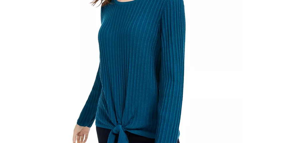 Suéter feminino canelado com nó INC International Concepts, turquesa, tamanho grande