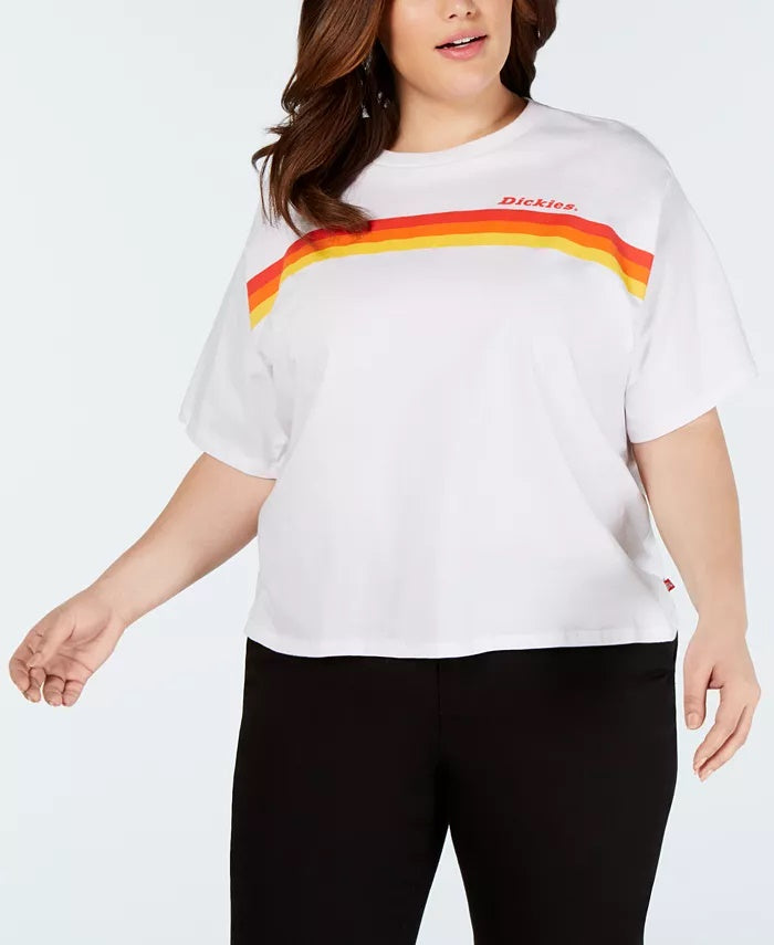 Camiseta feminina Dickies Trendy Plus Size com estampa de listras e logotipo, branca, tamanho XX-G