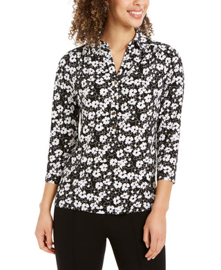 Camisa polo feminina Charter Club com estampa de manga 3/4, preta, tamanho grande