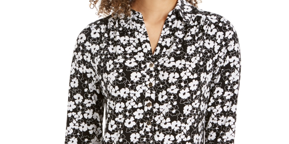 Camisa polo feminina Charter Club com estampa de manga 3/4, preta, tamanho grande
