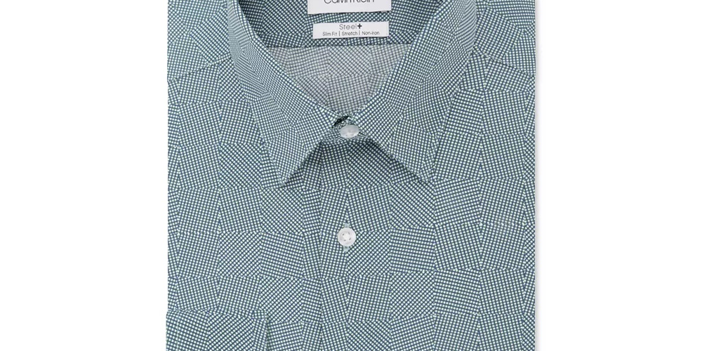 Camisa social masculina Calvin Klein Steel Slim-Fit, sem necessidade de passar, com estampa elástica, tamanho 17x32-33, verde