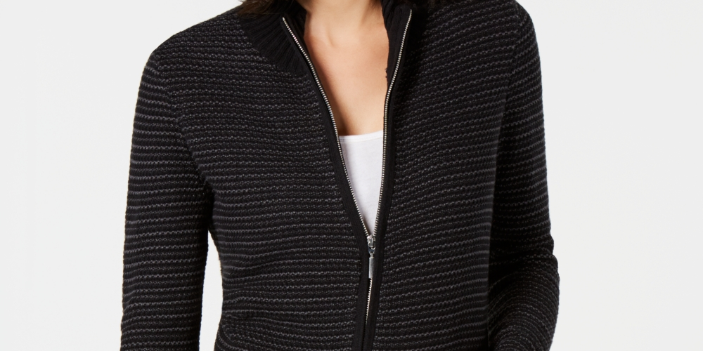 Karen Scott Cardigan Feminino Petite Texturizado com Zíper Frontal Preto Tamanho PSM
