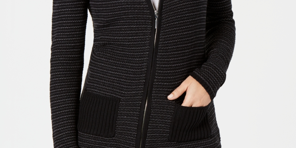Karen Scott Cardigan Feminino Petite Texturizado com Zíper Frontal Preto Tamanho PSM