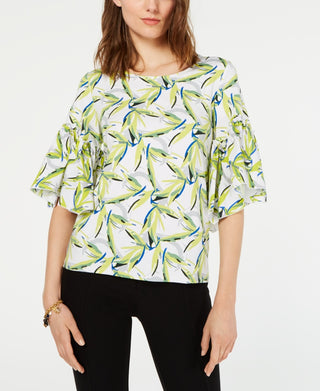 Alfani Women's Petite Bell-Sleeve Printed Top White Size PXL