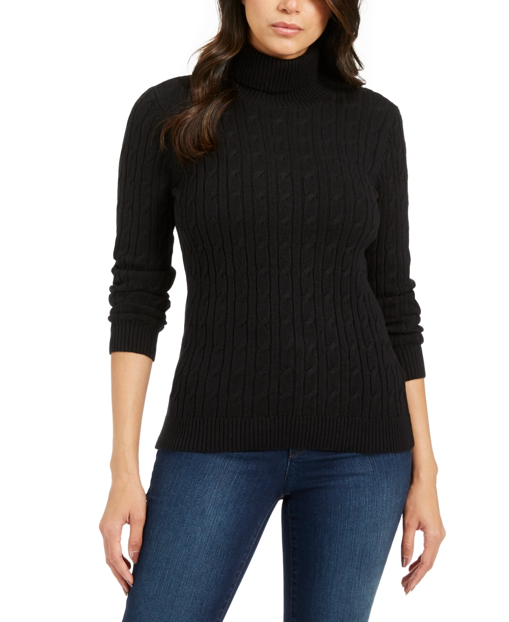 Suéter feminino Charter Club Petite Cable-Knit gola alta preto tamanho pequeno pequeno