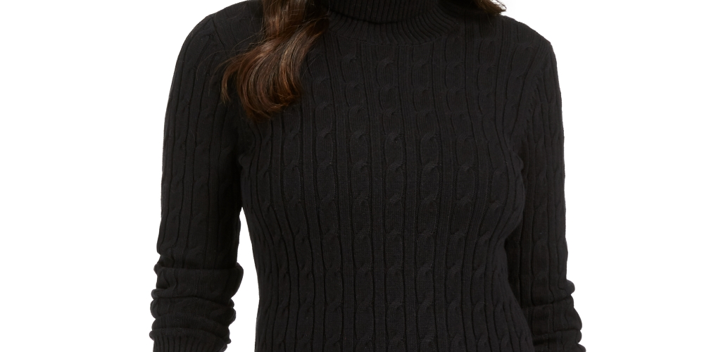 Suéter feminino Charter Club Petite Cable-Knit gola alta preto tamanho pequeno pequeno