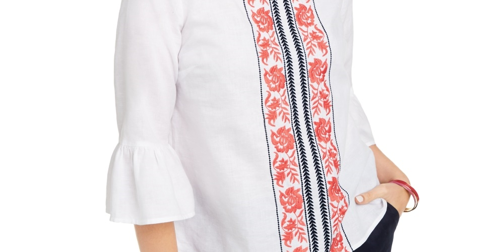 Blusa feminina bordada Charter Club, manga sino, mistura de linho, branca, tamanho grande