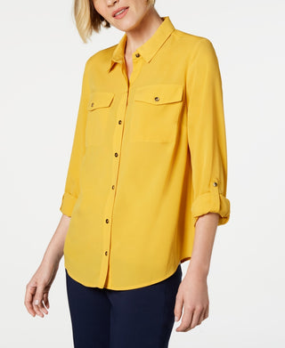 Camisa feminina Charter Club com dois bolsos, dourada, tamanho pequeno