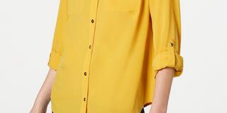 Camisa feminina Charter Club com dois bolsos, dourada, tamanho pequeno
