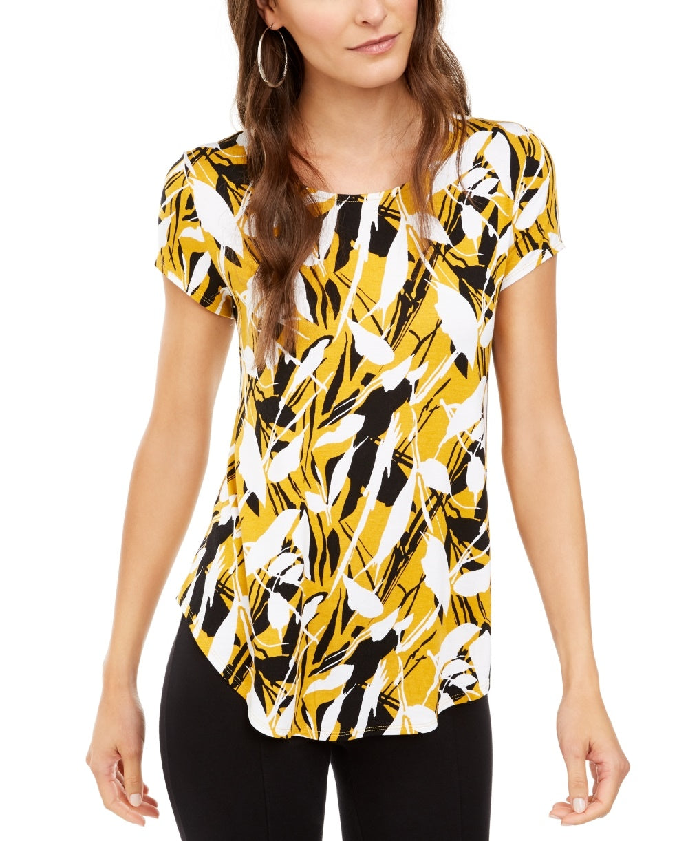 Camiseta feminina Alfani estampada com bainha redonda, tamanho pequeno, amarela