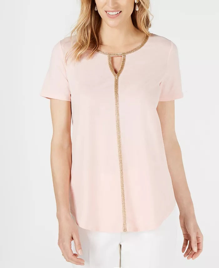 Túnica feminina pequena com acabamento metálico da coleção JM, tamanho pêssego, pequena, média