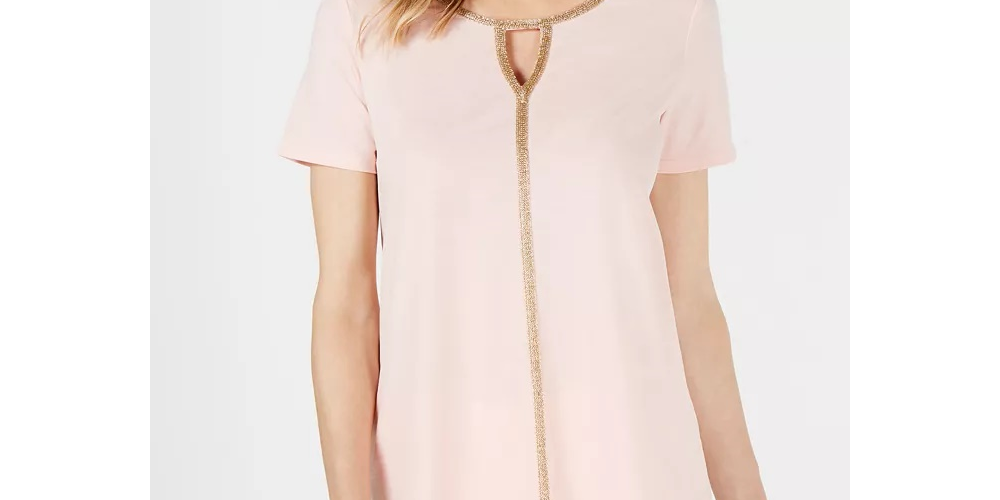 Túnica feminina pequena com acabamento metálico da coleção JM, tamanho pêssego, pequena, média