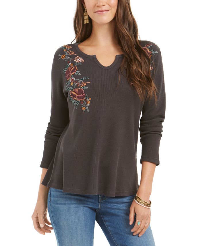 Camiseta térmica de algodão bordado Style &amp; Co, cinza, tamanho XS