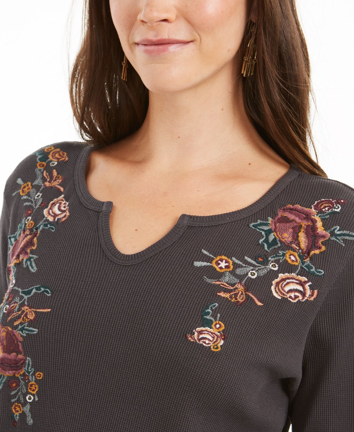 Camiseta térmica de algodão bordado Style &amp; Co, cinza, tamanho XS