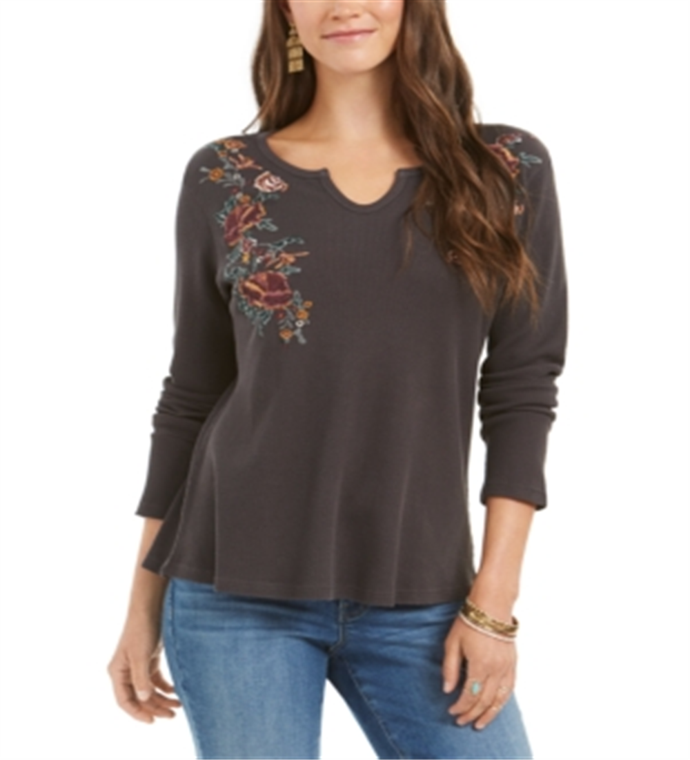 Camiseta térmica de algodão bordado Style &amp; Co, cinza, tamanho XS
