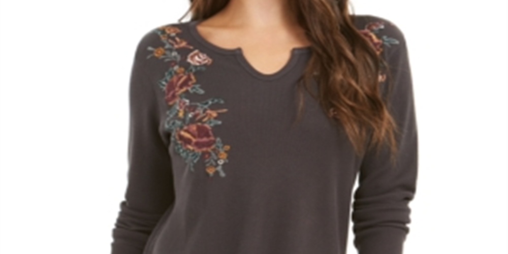 Camiseta térmica de algodão bordado Style &amp; Co, cinza, tamanho XS