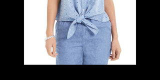 Camisa feminina Charter Club de algodão com bordado frontal e amarração, azul, tamanho P