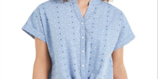 Camisa feminina Charter Club de algodão com bordado frontal e amarração, azul, tamanho P