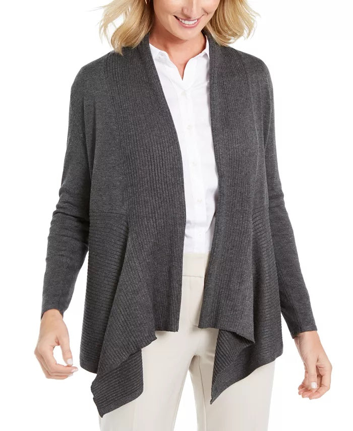 Cardigan feminino canelado com bainha de lenço JM Collection, cinza, tamanho médio