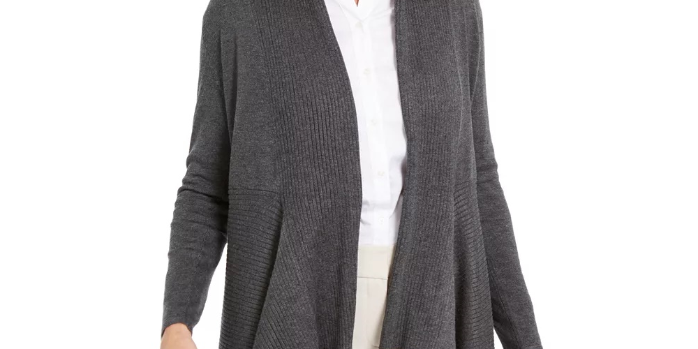Cardigan feminino canelado com bainha de lenço JM Collection, cinza, tamanho médio