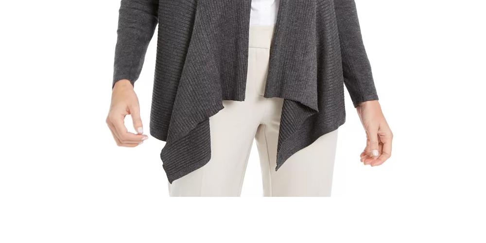 Cardigan feminino canelado com bainha de lenço JM Collection, cinza, tamanho médio