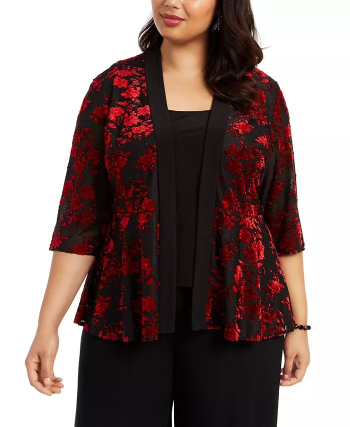 Jaqueta feminina Alex Evenings com detalhes florais, sem mangas, gola redonda, blusa de noite vermelha, tamanho 2X