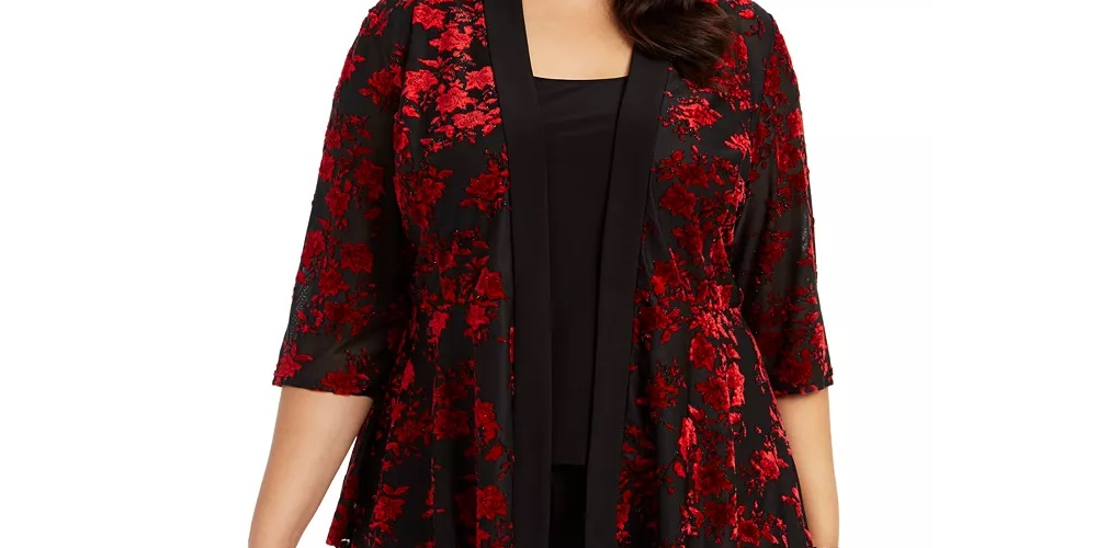 Jaqueta feminina Alex Evenings com detalhes florais, sem mangas, gola redonda, blusa de noite vermelha, tamanho 2X