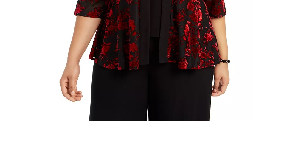Jaqueta feminina Alex Evenings com detalhes florais, sem mangas, gola redonda, blusa de noite vermelha, tamanho 2X