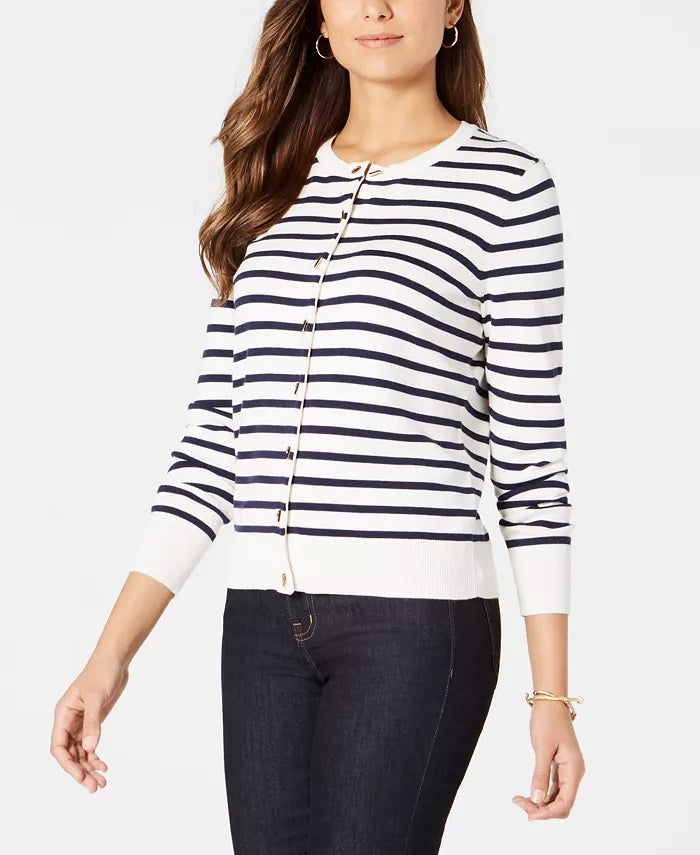 Cardigan feminino listrado pequeno Charter Club com fecho de alavanca, branco, tamanho pequeno G