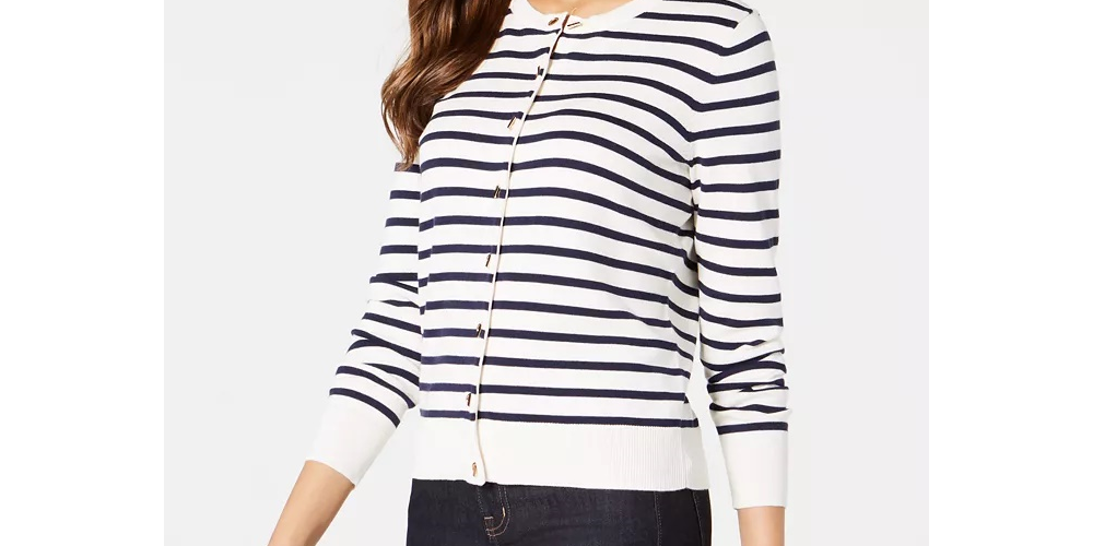 Cardigan feminino listrado pequeno Charter Club com fecho de alavanca, branco, tamanho pequeno G