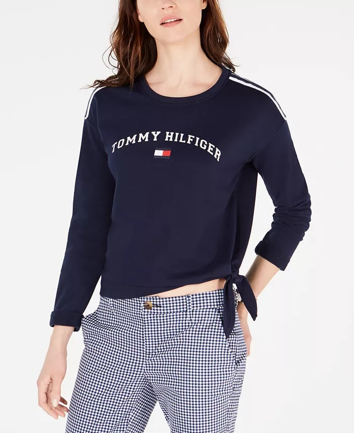 Tommy Hilfiger Moletom feminino com logo esportivo e amarração lateral, preto, tamanho XX-G