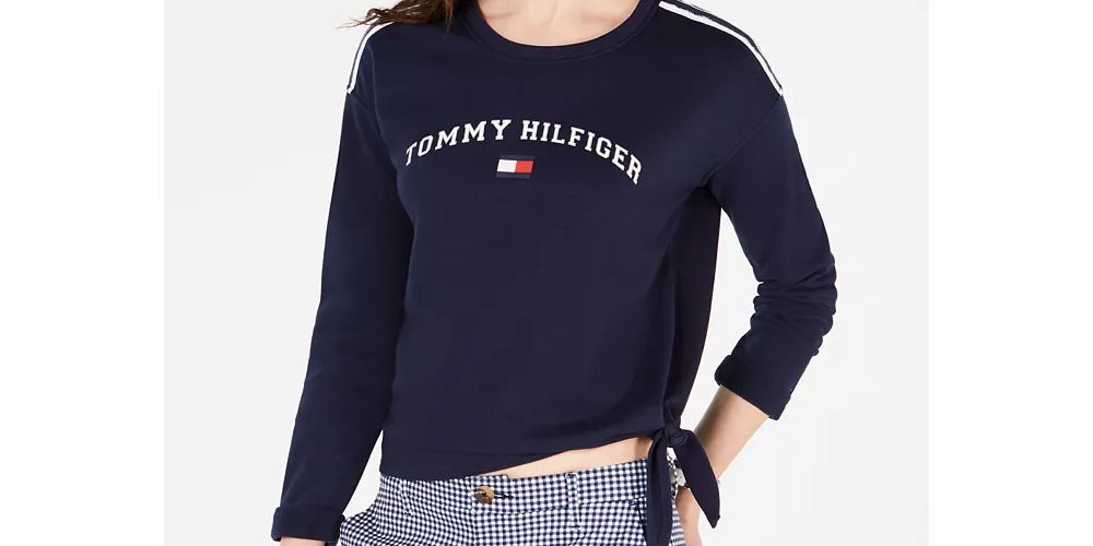 Tommy Hilfiger Moletom feminino com logo esportivo e amarração lateral, preto, tamanho XX-G